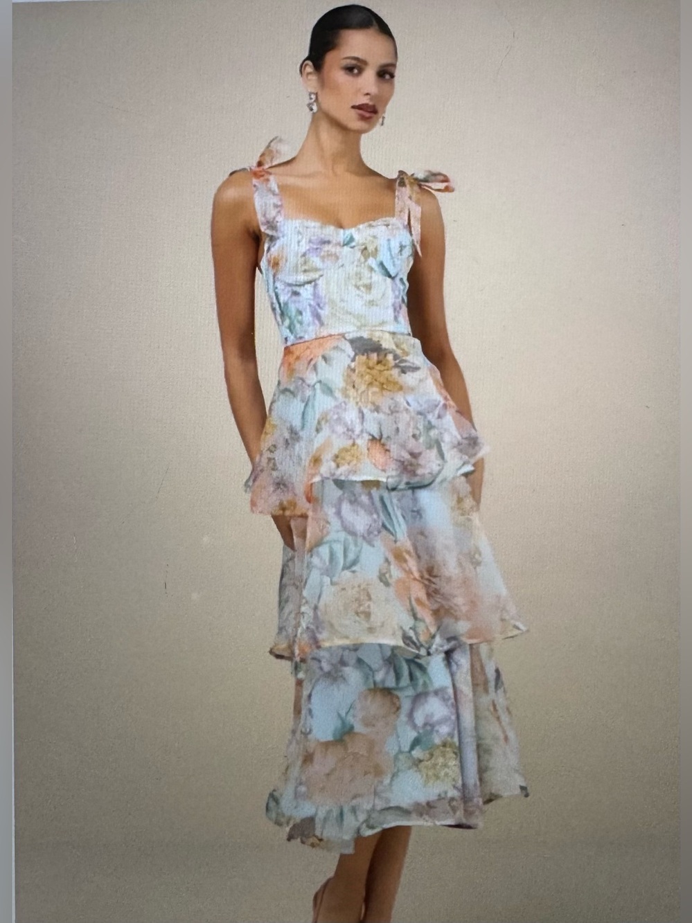 Lulus Playfully Posh Blue Floral Organza Tie-strap Tiered Midi Dress - Size S